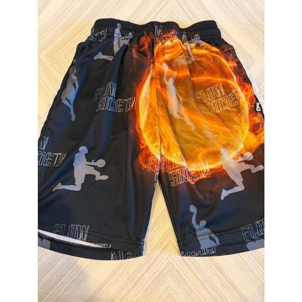 Flow Society Boys Large Athletic Shorts Orange Flame Basketball Print Drawstring